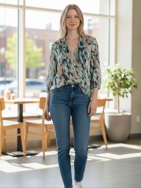 CALVIN Klein Sheer Blouse Pullover Pintuck V Neck 3/4 Sleeve Top Sz S